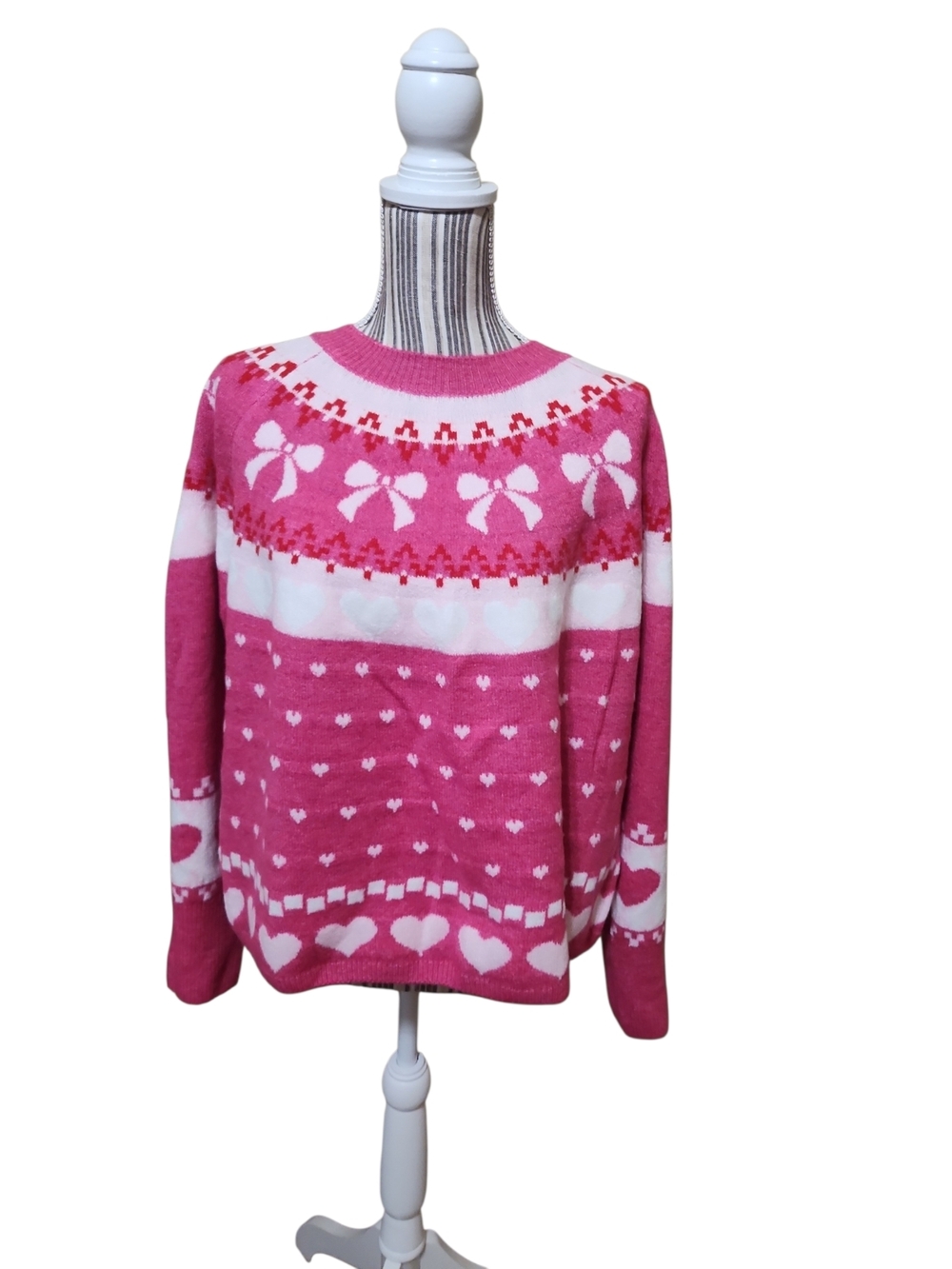 CeCe Pink and White Bow Motif Crewneck Sweater